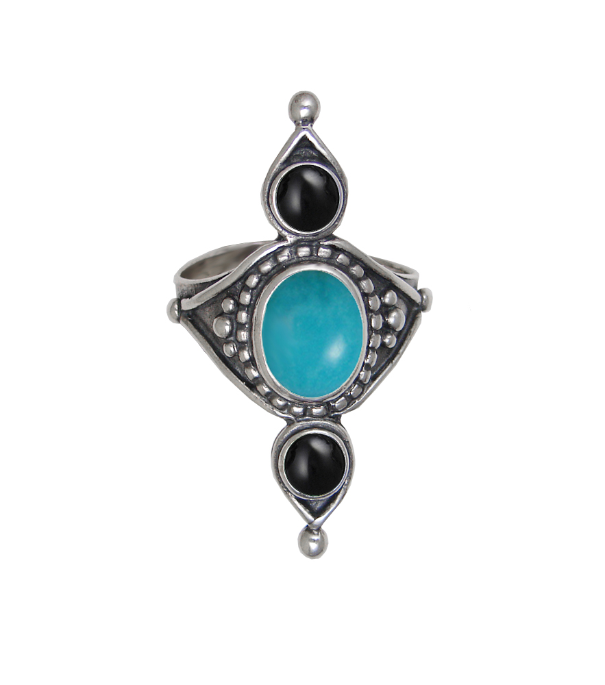 Sterling Silver Royal Ring With Turquoise And Black Onyx Size 12